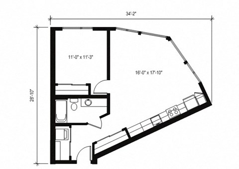Floor plan for 1 bed, 1 bath, 703 sqft